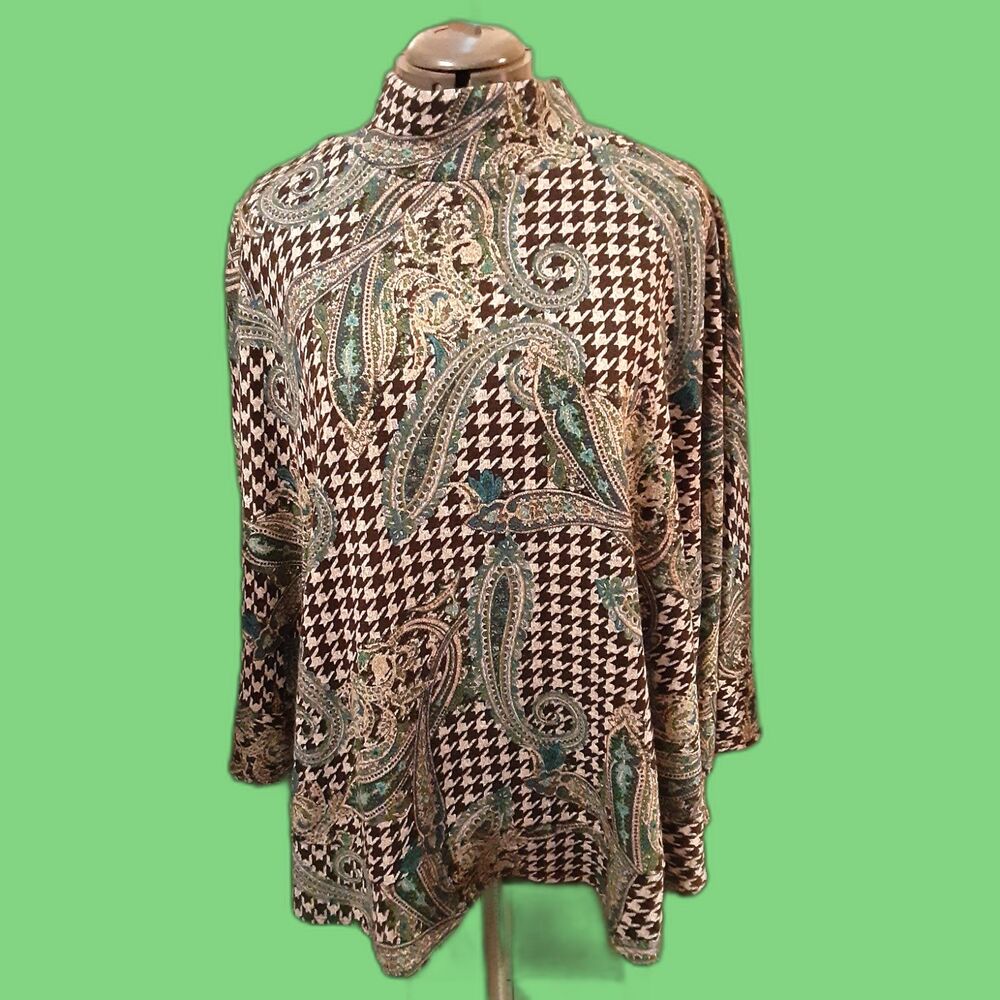 Susan Graver M/L Pullover Cape Style Sweater Argile Leaf Pattern